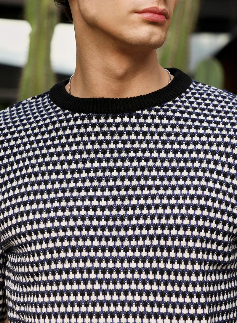 CAHOOT  Men's Onyx Black Contrast-Jacquard Knit Pullover Sweater | Round Neck , Ribbed Cuff Sleeves , Pull On Closure , Ribbed-Straight Hem | Abstract Jacquard For Casual & Daily Wear for Men | Best Price UAE